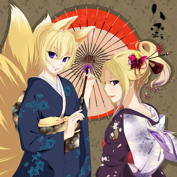 Anime picture 1024x1024 with touhou yakumo yukari yakumo ran nikka (cryptomeria) blonde hair purple eyes multiple girls animal ears japanese clothes animal tail fox ears fox tail fox girl multiple tails girl hair ornament 2 girls kimono umbrella