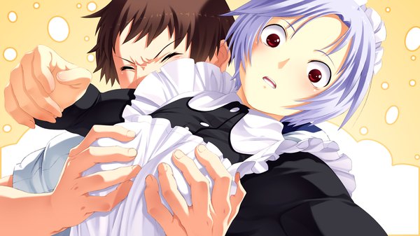 Anime picture 1024x576 with suigetsu 2 short hair open mouth red eyes brown hair wide image game cg white hair maid girl boy headdress maid headdress