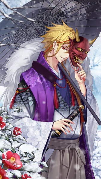 Anime picture 500x889 with original qinshou single tall image short hair blonde hair red eyes holding looking away outdoors traditional clothes parted lips head tilt japanese clothes wide sleeves floral print snowing winter snow boy