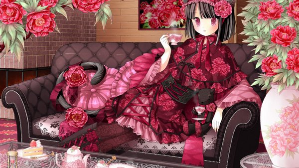 Anime picture 1366x768 with akatsuki no kemono kanzaki miku kuroinu blush black hair wide image sitting animal ears hair flower lolita fashion steam goth-loli lace-up boots hair ornament flower (flowers) food boots sweets pillow rose (roses)