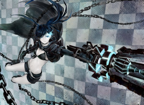 Anime picture 2400x1748 with black rock shooter black rock shooter (character) shouin single long hair highres blue eyes light erotic twintails midriff glowing glowing eye (eyes) flying checkered background girl navel weapon gun short shorts chain