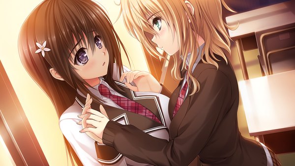 Anime picture 1280x720 with semiramis no tenbin arishima mayu osanai miki long hair blush short hair blue eyes black hair blonde hair wide image multiple girls game cg shoujo ai girl uniform 2 girls school uniform