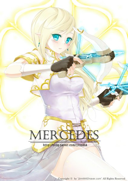 Anime picture 800x1131 with maplestory mercedes (maplestory) ini (pixiv5529761) single long hair tall image looking at viewer blush fringe blue eyes blonde hair holding pointy ears dual wielding girl thighhighs dress gloves weapon earrings