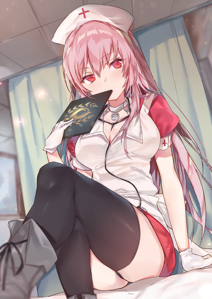Anime picture 2507x3541 with fate (series) fate/grand order florence nightingale (fate) nanakagura single long hair tall image looking at viewer blush fringe highres breasts light erotic hair between eyes sitting holding pink hair cleavage indoors pink eyes