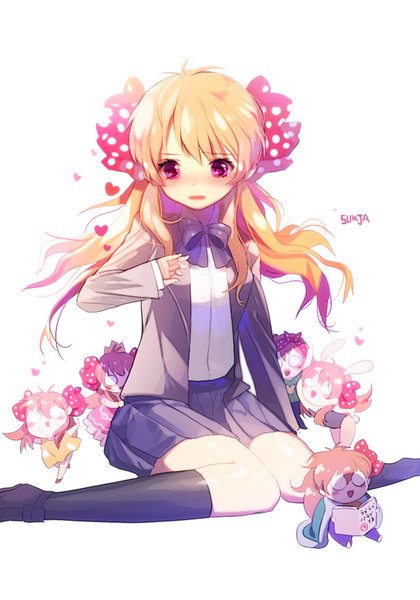 Anime picture 700x1000 with gekkan shoujo nozaki-kun doga kobo sakura chiyo sorolp long hair tall image blush simple background white background sitting twintails signed animal ears orange hair bunny ears chibi multiple persona minigirl o o girl