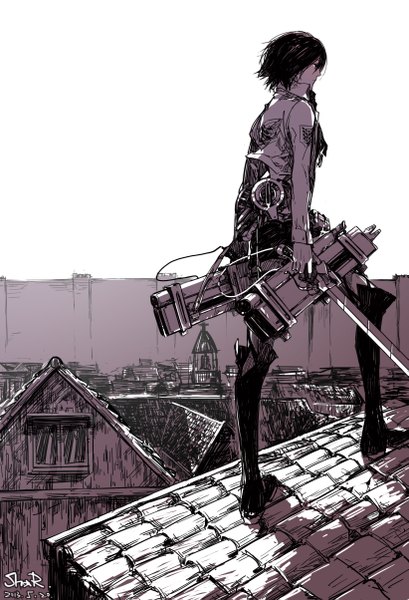 Anime picture 1642x2407 with shingeki no kyojin production i.g mikasa ackerman shar tall image fringe black hair standing holding signed looking away profile inscription shadow dual wielding weapon boots window knee boots wall