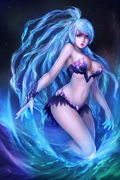 Anime picture 800x1200 with original chaosringen single tall image looking at viewer light erotic bare shoulders cleavage ponytail very long hair aqua eyes realistic aqua hair girl navel water