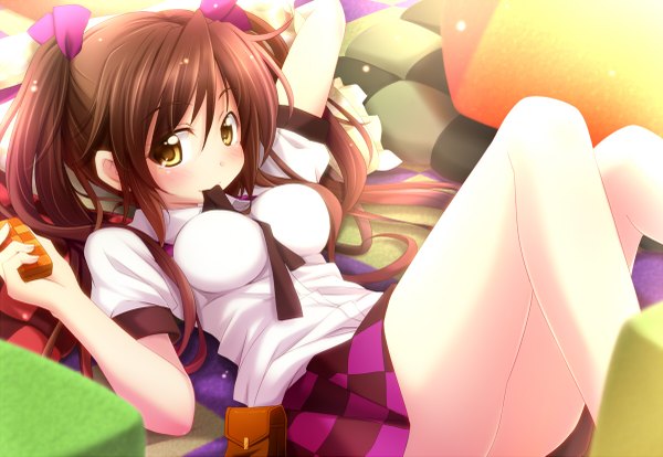 Anime picture 1200x829 with touhou himekaidou hatate sui. (ayase) long hair looking at viewer blush light erotic brown hair twintails yellow eyes ass lying legs checkered skirt girl skirt miniskirt shirt phone