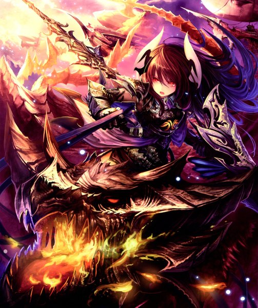 Anime picture 4509x5379 with shingeki no bahamut forte (shingeki no bahamut) tachikawa mushimaro (bimo) single long hair tall image highres open mouth red eyes brown hair absurdres horn (horns) scan fantasy girl weapon fire dragon spear armored dress