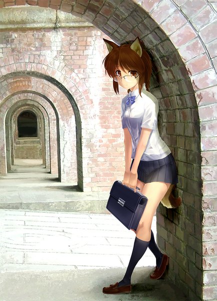 Anime picture 723x1000 with original kiryuu takahisa single tall image looking at viewer short hair brown hair brown eyes animal ears tail animal tail girl skirt shirt socks glasses black socks school bag