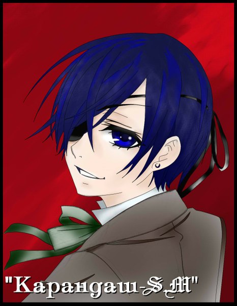 Anime picture 976x1257 with kuroshitsuji a-1 pictures ciel phantomhive tagme (artist) single tall image looking at viewer short hair blue eyes simple background smile blue hair looking back red background boy ribbon (ribbons) eyepatch child (children)