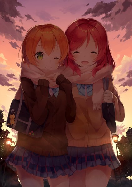 Anime picture 1000x1414 with love live! school idol project sunrise (studio) love live! nishikino maki hoshizora rin nonono (nononotea) long hair tall image blush fringe short hair open mouth smile multiple girls green eyes red hair eyes closed :d one eye closed orange hair