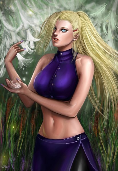 Anime picture 1000x1450 with naruto studio pierrot naruto (series) yamanaka ino lilyzou single long hair tall image blue eyes blonde hair ponytail nail polish lips realistic bare belly midriff lipstick girl navel hair ornament