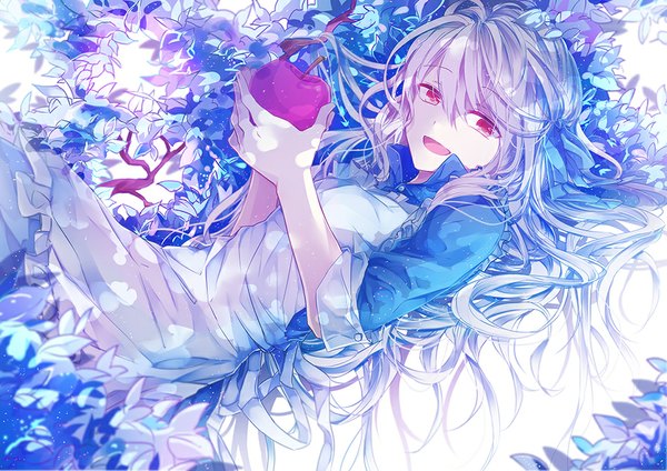 Anime picture 950x672 with kagerou project shaft (studio) mary (kagerou project) flywinga7 single long hair looking at viewer fringe open mouth red eyes silver hair lying girl plant (plants) tree (trees) apron fruit apple