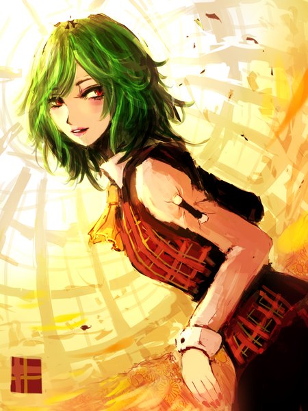 Anime picture 1200x1600 with touhou kazami yuuka 31 violence (artist) single tall image fringe short hair open mouth red eyes looking back green hair lips girl