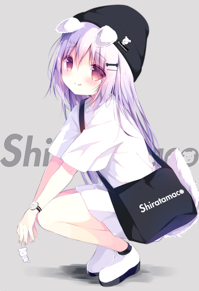 Anime picture 683x1000 with original shiratama (shiratamaco) single long hair tall image looking at viewer blush fringe simple background smile hair between eyes red eyes animal ears silver hair full body tail nail polish animal tail grey background squat