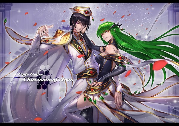 Anime picture 1870x1322 with code geass sunrise (studio) c.c. lelouch lamperouge ryuuzaki ichi long hair looking at viewer fringe highres short hair black hair purple eyes bare shoulders yellow eyes green hair inscription couple letterboxed girl thighhighs
