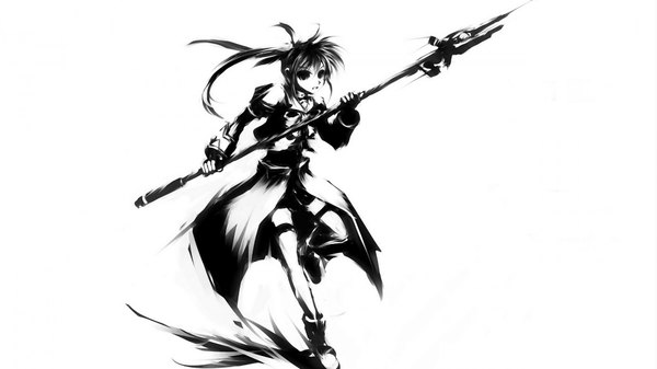 Anime picture 1920x1080 with tagme (copyright) long hair highres simple background wide image white background shadow monochrome running girl bow weapon hair bow