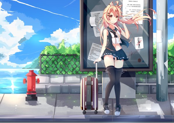 Anime picture 5261x3720 with original si xia daze single long hair looking at viewer blush fringe highres breasts light erotic blonde hair smile red eyes bare shoulders signed animal ears absurdres sky cloud (clouds) ahoge