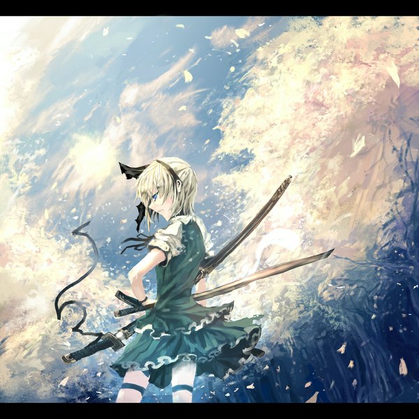 Anime picture 1000x1000 with touhou konpaku youmu makai no juumin single fringe short hair blue eyes blonde hair standing holding sky cloud (clouds) profile from below back dual wielding girl skirt hair ornament weapon