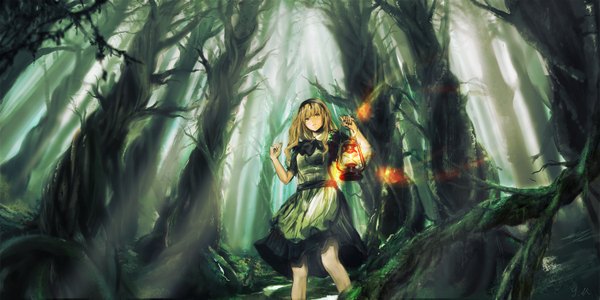 Anime picture 1500x750 with original seafh (artist) long hair blonde hair wide image yellow eyes girl dress plant (plants) tree (trees) hairband apron forest lamp