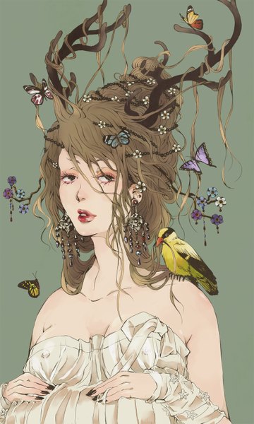 Anime picture 900x1500 with original soudwrong single long hair tall image light erotic simple background brown hair bare shoulders hair flower horn (horns) lips animal on shoulder bird on shoulder girl hair ornament flower (flowers) earrings animal bird (birds)