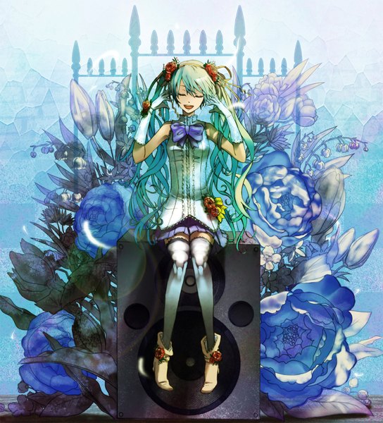 Anime picture 1482x1634 with vocaloid hatsune miku 1g (artist) long hair tall image sitting twintails eyes closed aqua hair girl thighhighs gloves flower (flowers) bow speakers