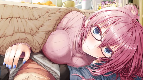 Anime picture 1920x1080 with vocaloid megurine luka daidou (demitasse) long hair looking at viewer blush highres blue eyes wide image pink hair light smile hieroglyph pov girl glasses sweater mug