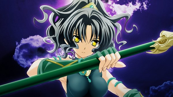 Anime picture 1280x720 with sangoku hime unicorn-a chouhi yokutoku (sangoku hime) short hair black hair wide image yellow eyes game cg girl weapon polearm