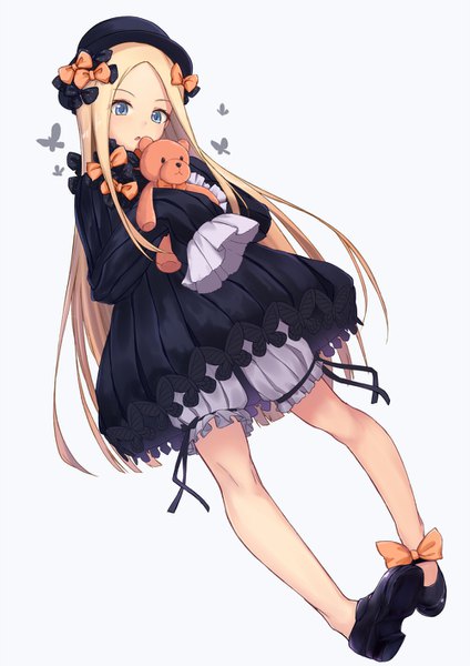 Anime picture 1000x1414 with fate (series) fate/grand order abigail williams (fate) itachi kanade single long hair tall image looking at viewer blue eyes simple background blonde hair white background holding full body long sleeves head tilt girl dress bow hair bow