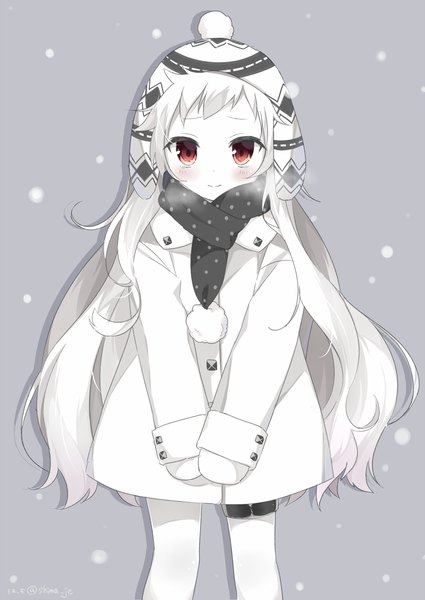 Anime picture 800x1129 with kantai collection northern ocean hime masuishi kinoto single long hair tall image looking at viewer blush fringe simple background red eyes standing white hair light smile grey background alternate costume embarrassed snowing winter exhalation