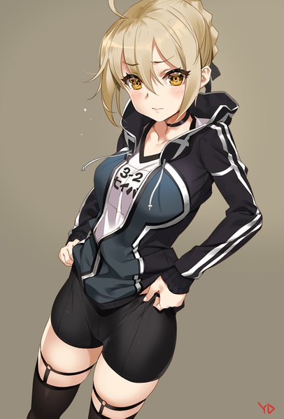 Anime picture 1000x1475 with fate (series) fate/grand order artoria pendragon (all) mysterious heroine x (alter) (fate) yd (orange maru) single tall image blush fringe short hair light erotic blonde hair simple background hair between eyes signed yellow eyes looking away ahoge alternate costume brown background