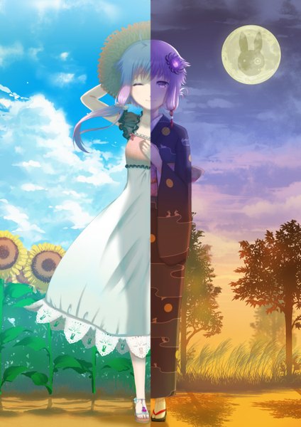 Anime picture 954x1350 with vocaloid yuzuki yukari ainoya long hair tall image smile standing purple eyes twintails blue hair pink hair purple hair cloud (clouds) long sleeves traditional clothes japanese clothes one eye closed multicolored hair wind sunlight