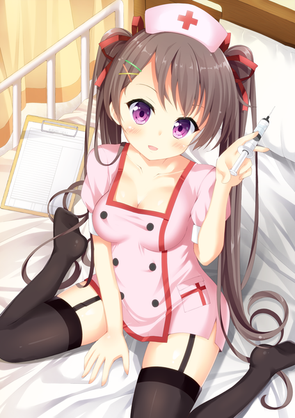 Anime picture 2893x4092 with original maccha single long hair tall image blush highres open mouth light erotic black hair purple eyes twintails nurse girl thighhighs uniform ribbon (ribbons) black thighhighs hair ribbon bed