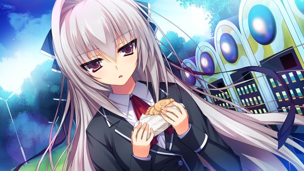 Anime picture 2560x1440 with reminiscence re daizenji suzuka tomose shunsaku single long hair looking at viewer highres wide image purple eyes game cg white hair girl uniform bow hair bow school uniform