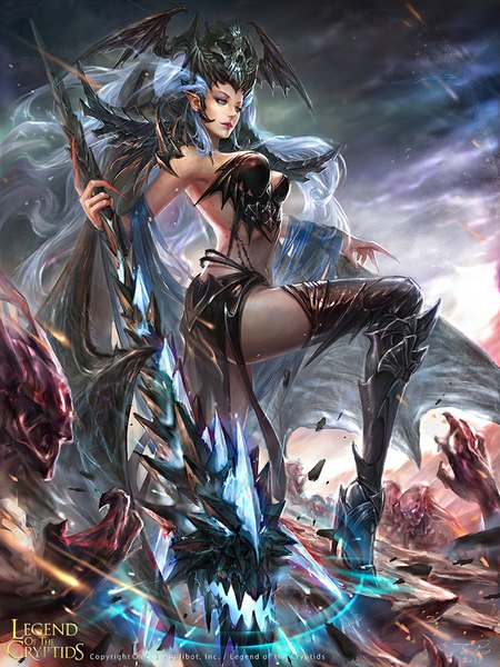 Anime picture 824x1099 with legend of the cryptids zinnadu tall image blue eyes pointy ears inscription lipstick magic demon girl demon wings head wings destruction girl thighhighs skirt hair ornament weapon wings staff skull