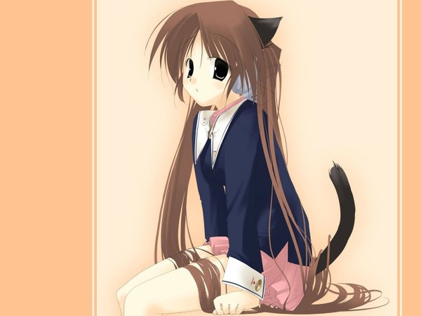 Anime picture 1600x1200 with long hair brown hair animal ears tail cat girl girl skirt