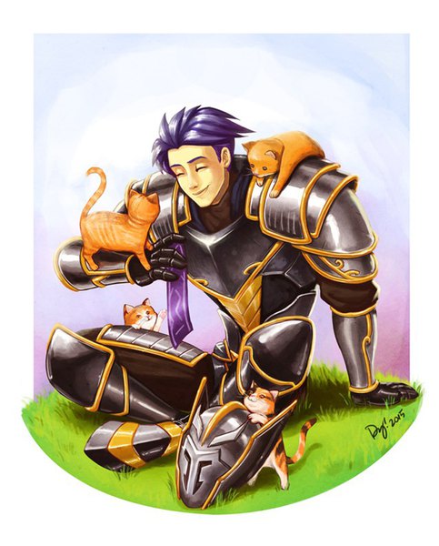 Anime picture 806x1000 with dungeon link tanksalot the tanker vitamindy single tall image short hair smile sitting signed purple hair eyes closed arm up arm support animal on shoulder knight 2015 boy plant (plants) animal boots