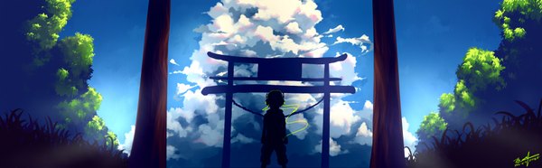 Anime picture 1932x600 with original naniko re wide image sky cloud (clouds) field boy plant (plants) tree (trees) headphones torii