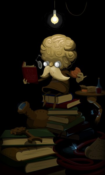 Anime picture 1920x3190 with league of legends heimerdinger (league of legends) tagme (artist) single tall image highres simple background sitting black background reading boy book (books) table cookie (cookies) mustache wrench