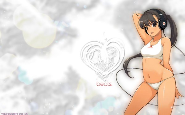 Anime picture 1920x1200 with original single long hair highres wide image ponytail grey hair black eyes girl navel swimsuit bikini heart headphones white bikini wire (wires)