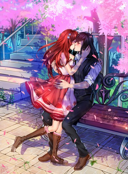 Anime picture 663x900 with original akubaka long hair tall image light erotic black hair standing sitting outdoors red hair eyes closed profile sunlight sleeveless couple hug cherry blossoms standing on one leg leg lift (legs lift) lacing