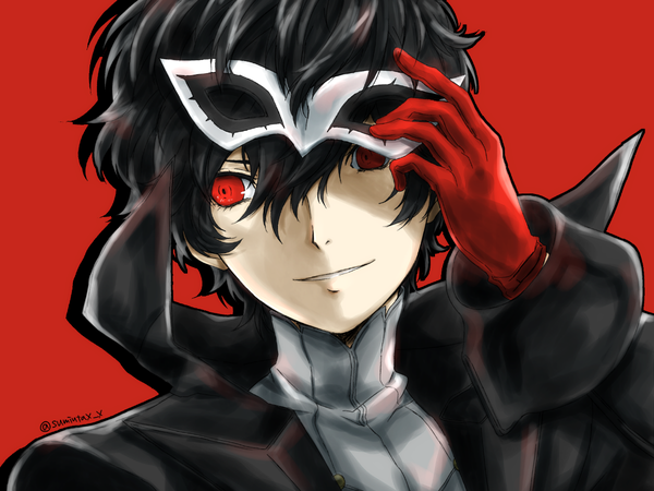 Anime picture 1200x900 with persona 5 persona amamiya ren kawasemi sumika single fringe short hair black hair simple background smile hair between eyes red eyes signed looking away upper body twitter username red background boy gloves mask