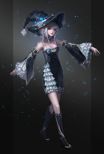 Anime picture 774x1140 with original jname single long hair tall image looking at viewer grey hair grey eyes witch girl dress hat detached sleeves earrings choker boots frills witch hat