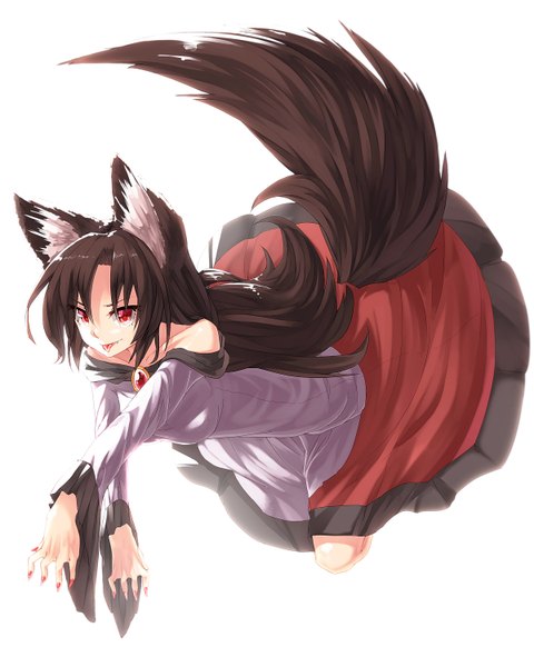 Anime picture 1200x1500 with touhou imaizumi kagerou ibuki notsu single long hair tall image highres black hair simple background red eyes white background bare shoulders animal ears tail nail polish animal tail fingernails fang (fangs) long fingernails wolf ears