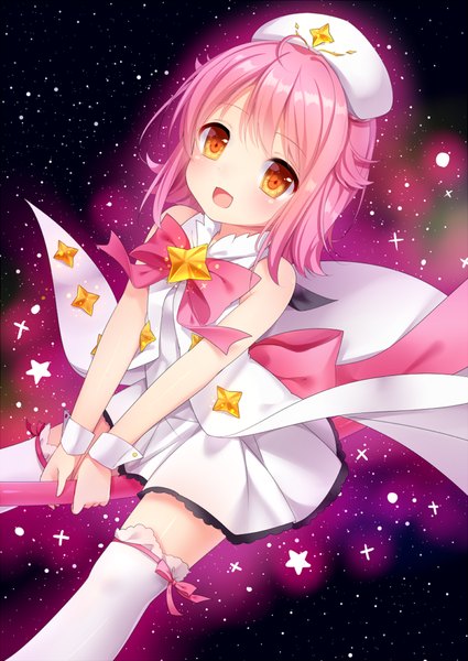 Anime picture 700x989 with houkago no pleiades subaru (houkago no pleiades) nachi single tall image looking at viewer blush fringe short hair breasts open mouth bare shoulders holding pink hair pleated skirt blurry night sparkle orange eyes black background