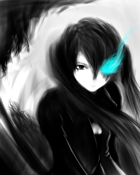 Anime picture 1200x1500 with black rock shooter black rock shooter (character) single long hair tall image fringe black hair twintails black eyes glowing glowing eye (eyes) girl cloak