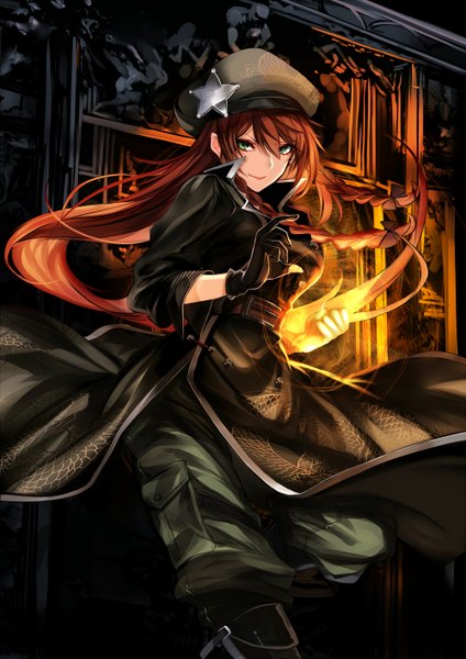 Anime picture 1000x1414 with touhou hong meiling karlwolf single long hair tall image looking at viewer fringe smile hair between eyes green eyes red hair braid (braids) traditional clothes twin braids glowing chinese clothes fighting stance military >:)