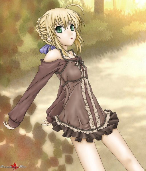 Anime picture 1024x1199 with fate (series) fate/stay night type-moon artoria pendragon (all) saber lchrno single tall image looking at viewer short hair blonde hair green eyes girl dress