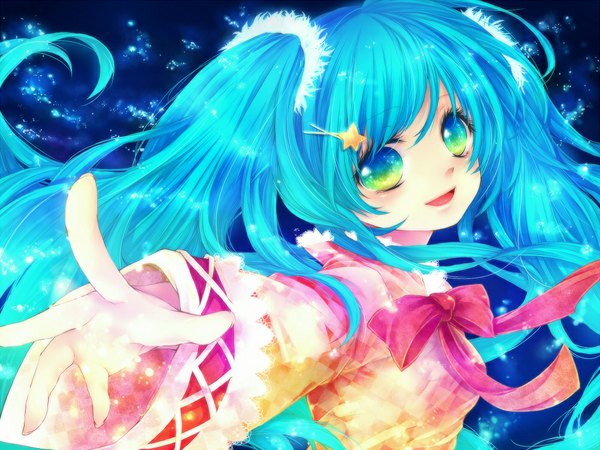 Anime picture 1000x750 with vocaloid hatsune miku koyomi roentgen single long hair open mouth twintails aqua hair multicolored eyes girl dress hair ornament bowtie star (symbol) bobby pin star hair ornament